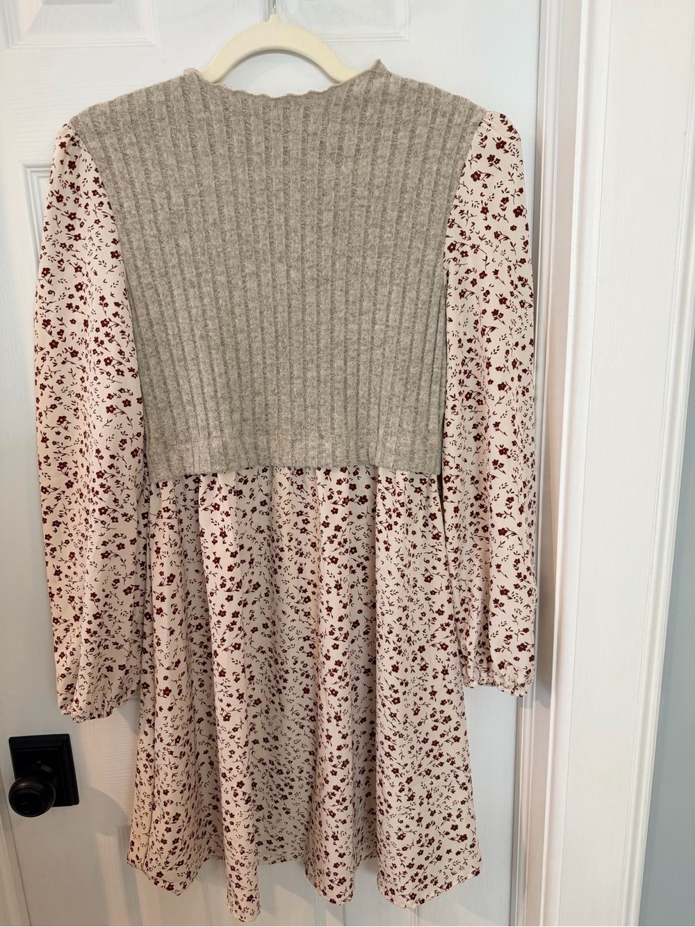 Girls Cream Floral Long-Sleeve Dress with Gray Knit Yoke